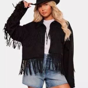 PrettyLittleThing Black vegan suede Fringe Jacket